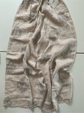 #11 Light Beige Printed Linen Blend Skirt with Drawstring Waist